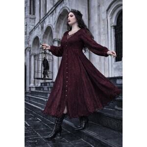 VTG Rayon Burnout Burgundy Lace Panels Maxi Dress Button Front Boho Romantic 1X